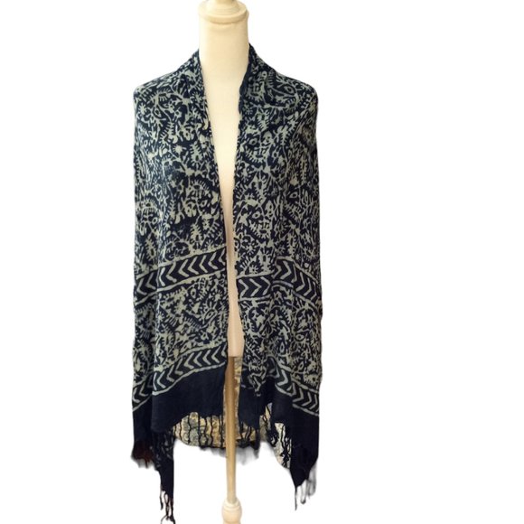 Homestead Accessories - Homestead indigo blue batik wax block print rayon scarf shawl fringed 24 X 66